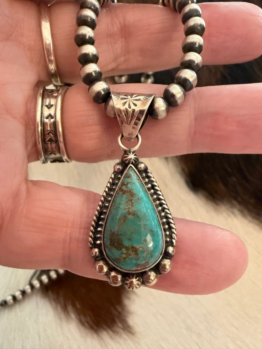 ❤️ BEAUTIFUL MATRIX Kingman Turquoise Sterling 925 Navajo Style Pendant 1.58”L